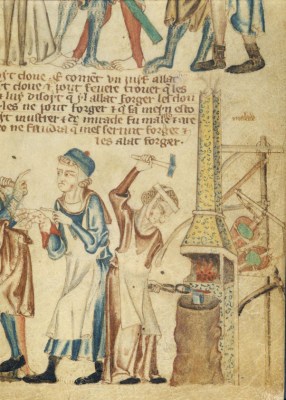 The woman blacksmith forging a nail depicted in the Holkham Bible. British Library (Public domain)