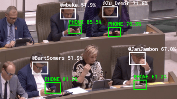 People in meeting, with highlights of detected phones and identities