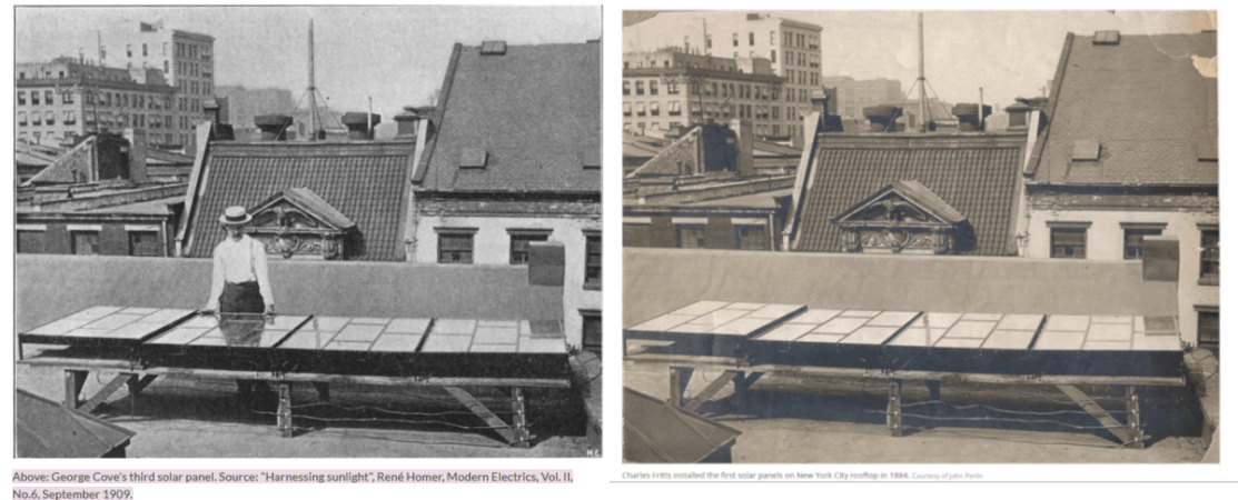 Two nearly-identical black and white images of a solar installation on top of a roof in NYC. The left image purports to be from 1909 while the other says it is from 1884. Both show the same ornate building architecture in the background and angle of the panels.